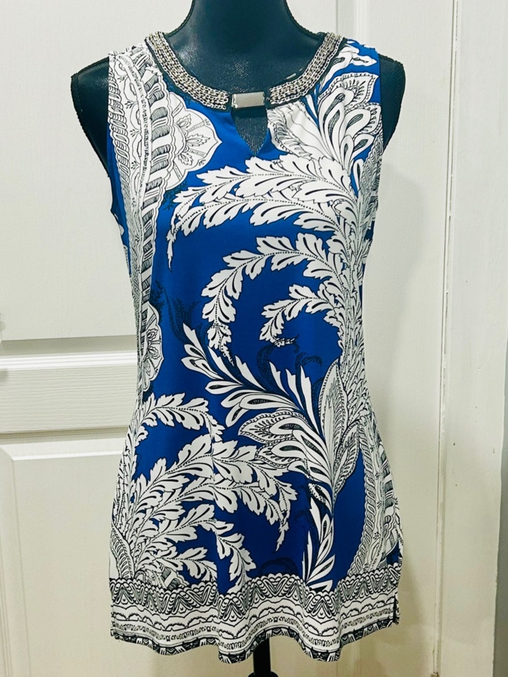 Cleo Blue and White Printed Sleeveless Tunic with Embellished Neck - BNWT